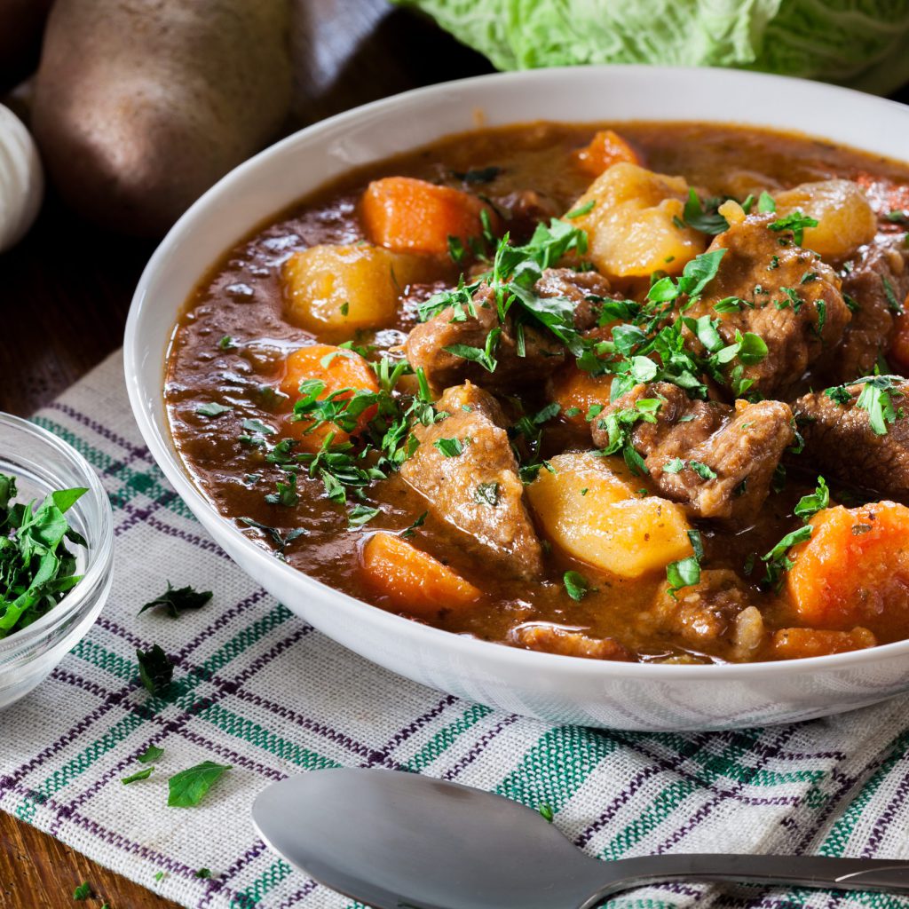 Irish stew made with beef, potatoes, carrots and herbs. Traditional  St patrick's day dish